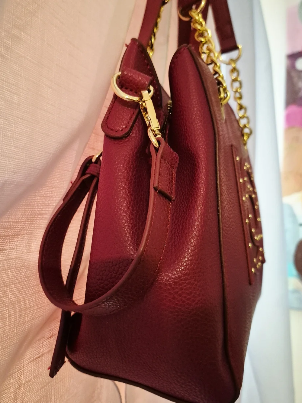 Bebe 'Oliver Burgandy Faux Leather Gold Studded Satchel Shoulder/Crossbody Bag